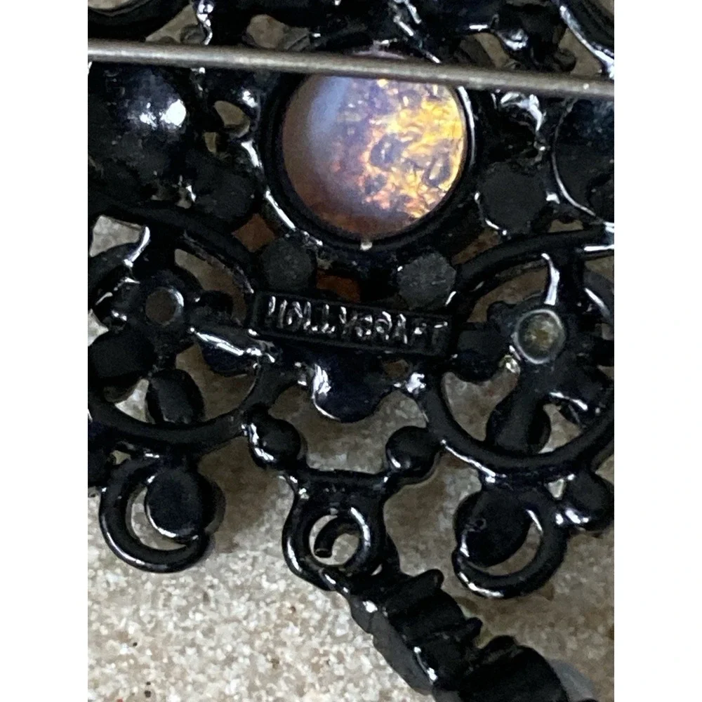 Black Filigree AB Rhinestone‎ Faux Opal Pearl Dangle Brooch Victorian Gothic Pin